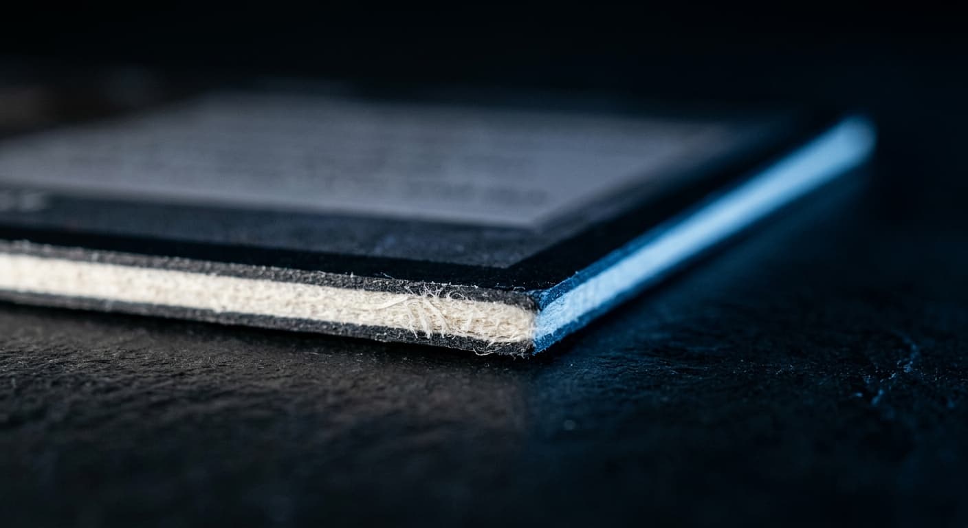 Extreme close-up of the cut edge of a trading card, showing the pale paper core between its printed faces.