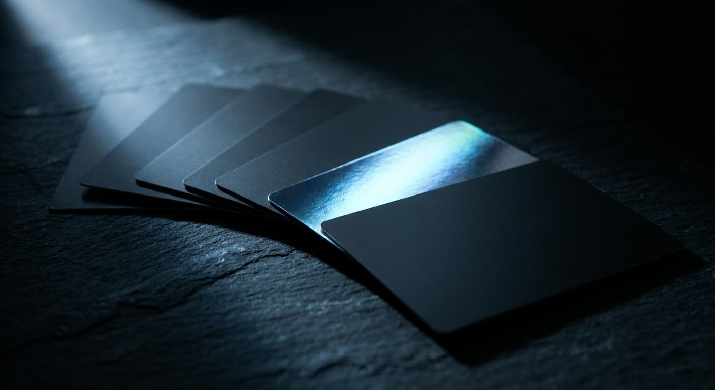 A fan of trading cards on a dark slate surface, one catching a cool blue refractor shimmer along its face.