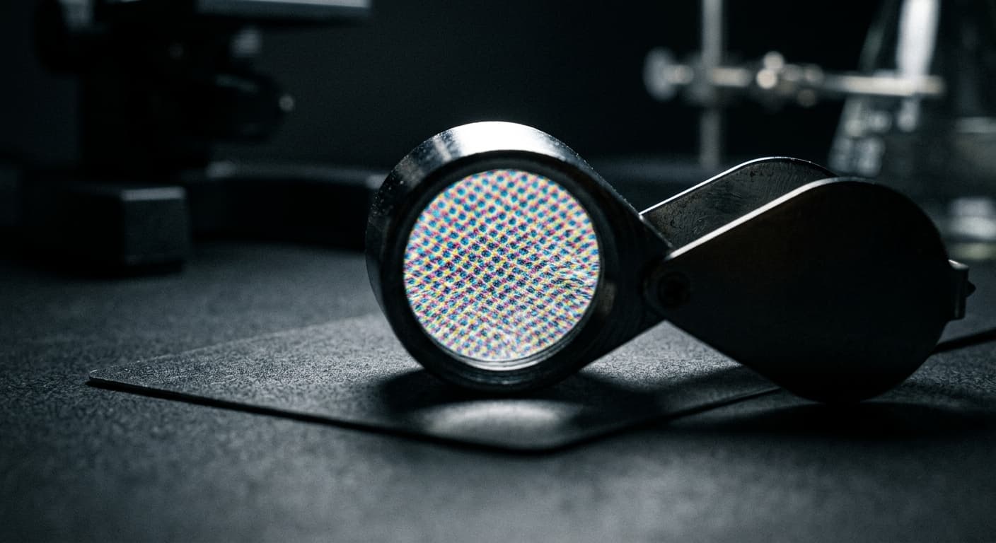 A jewellers loupe resting on a trading card, the lens magnifying the regular rosette pattern of offset printing.