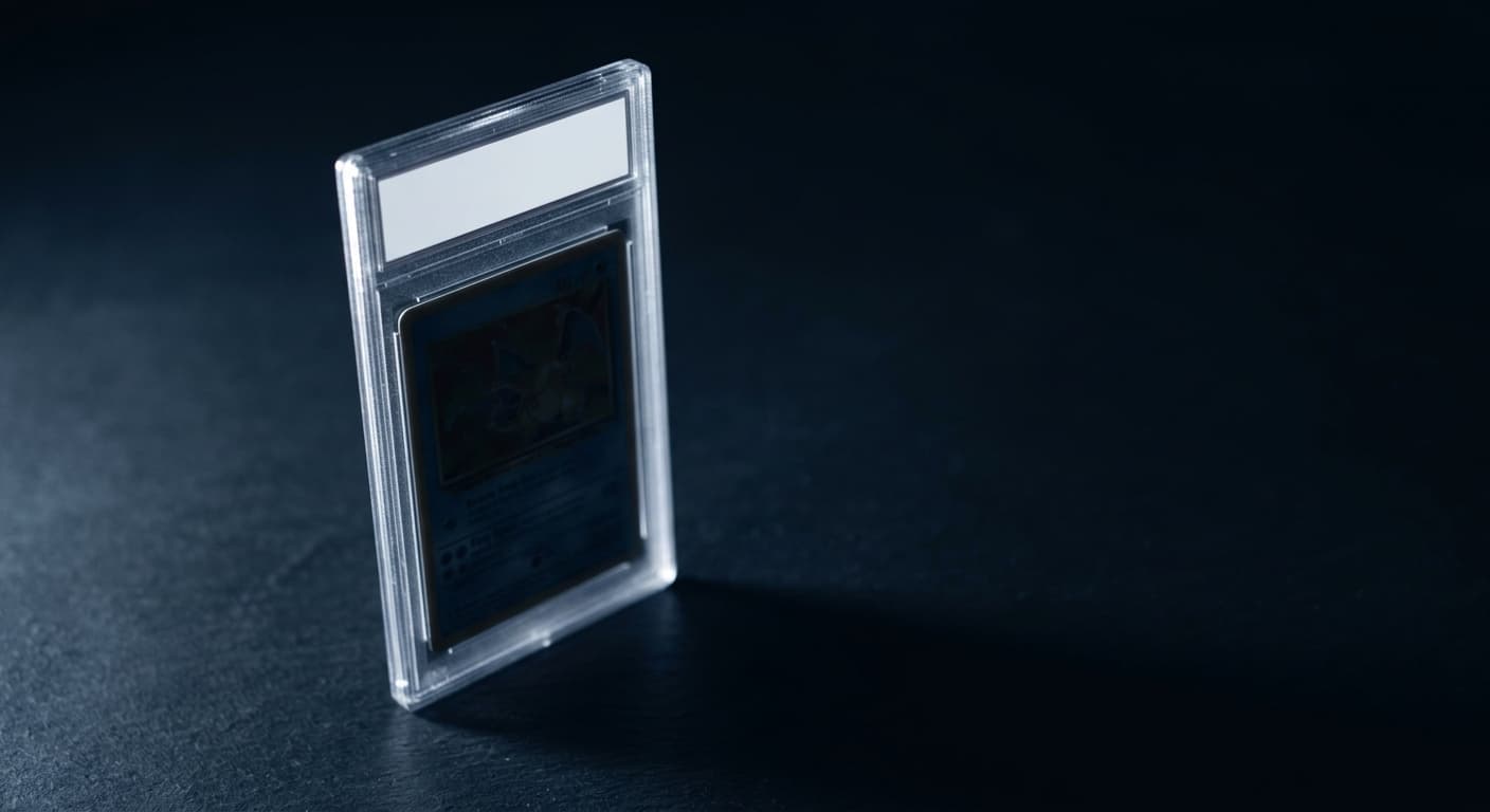 A plain rigid clear plastic case holding a trading card, standing upright with a blank label strip.