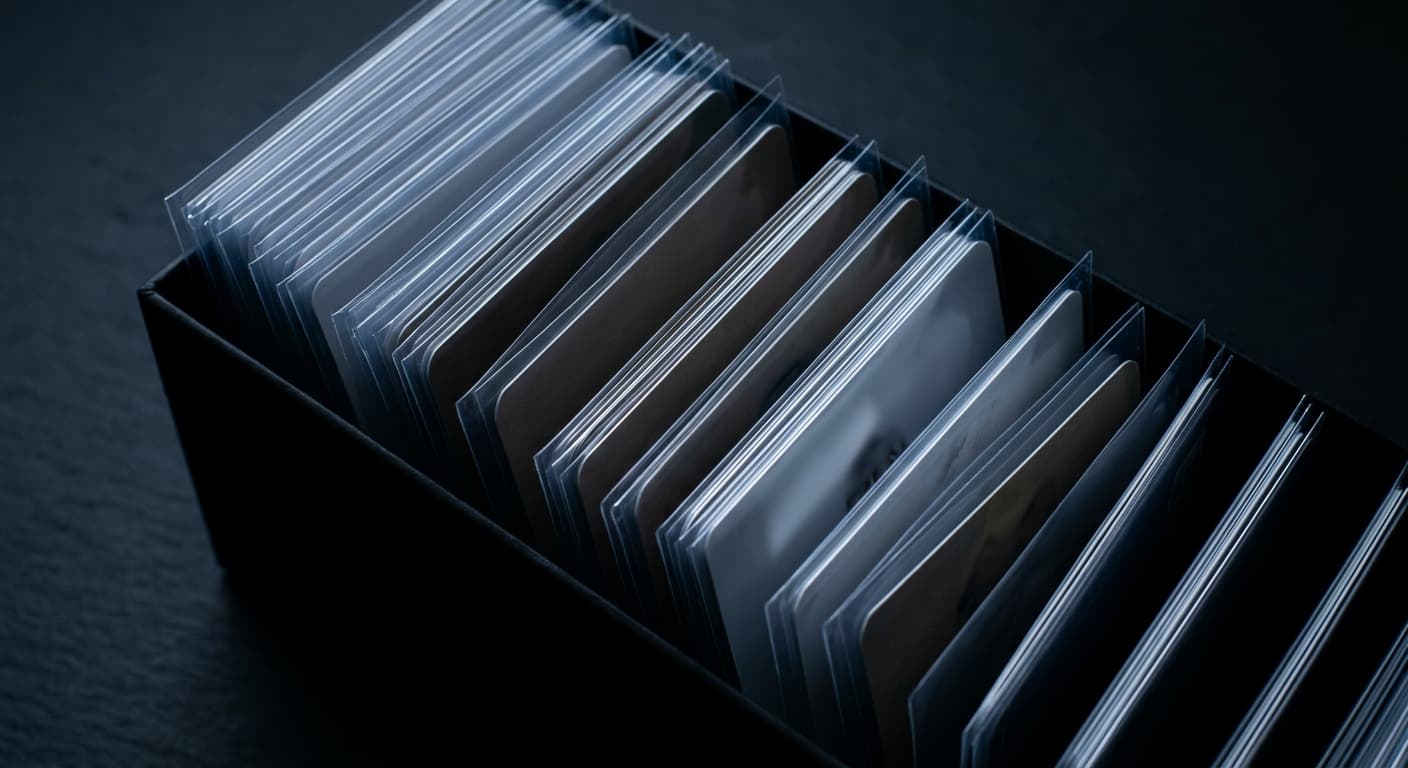 Rows of trading cards standing in clear sleeves inside a dark storage box, lit from one side.