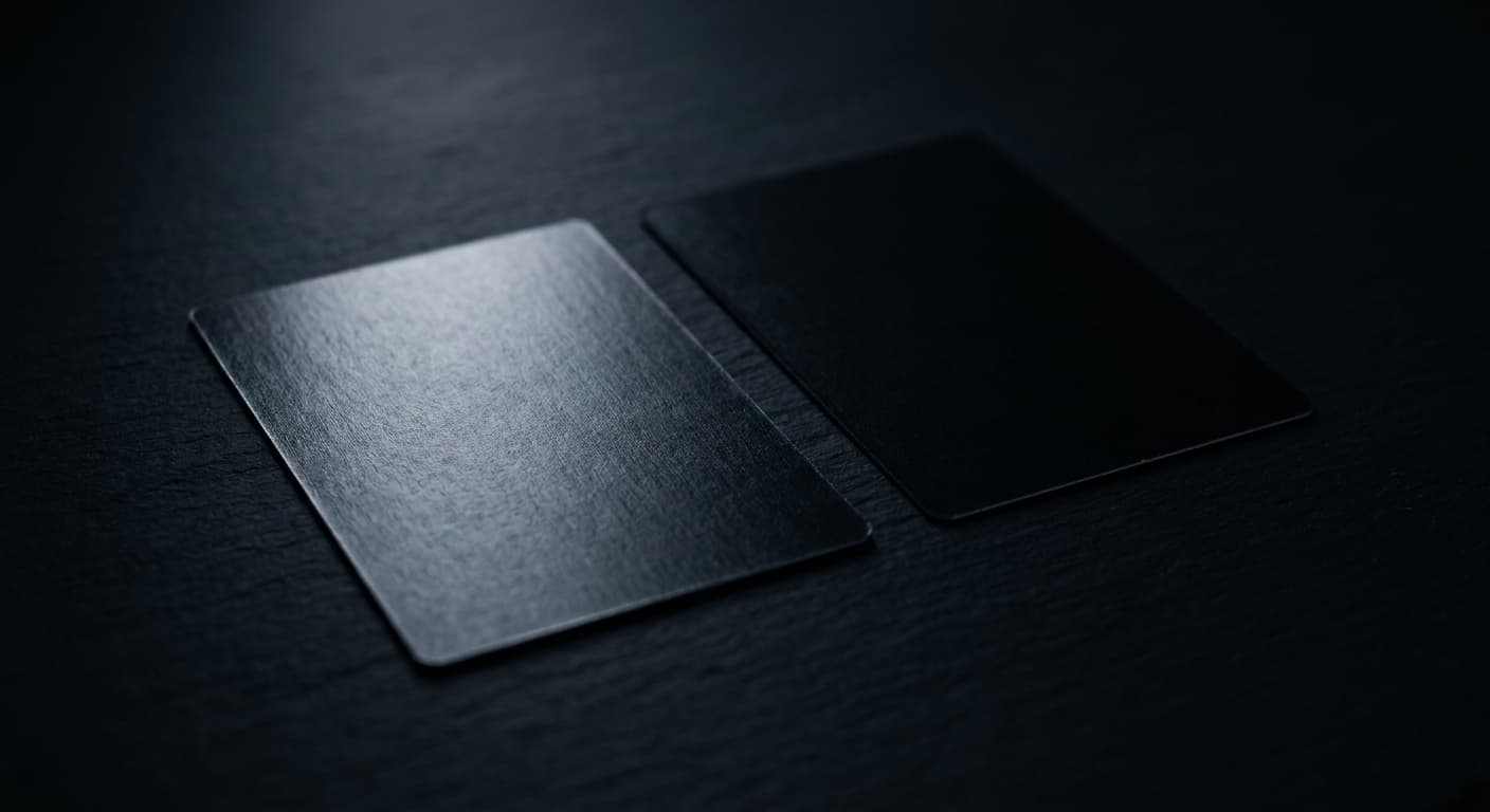 Two trading cards on a dark slate surface, one lit by raking light and one left in shadow.
